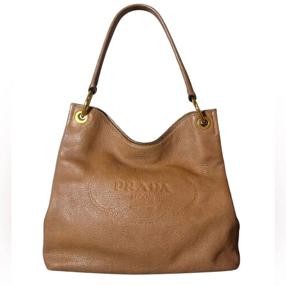 PRADA Brown Vitello Deerskin Phenix Heritage Logo Hobo Tote Shoulder Bag Auth